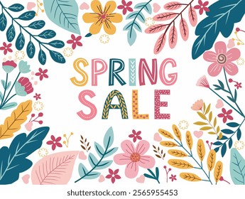  Spring Sale background or Banner Design, Minimalistic style with cute floral elements and text. Editable vector template for card, banner, invitation, lettering banner poster template for Sale, offer