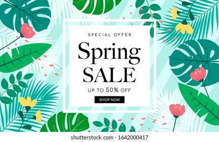 Spring Sale Background Banner Vector illustration. Beautiful flower forest frame on green striped 