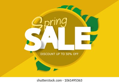 Spring sale background banner. White and yellow background. Vector illustration.