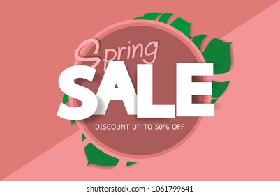 Spring sale background banner. White and pink background. Vector illustration.