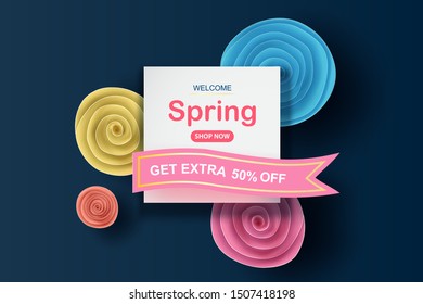 Spring sale background with beautiful colorful flower roll circle.Creative design paper cut and craft style for banner and poster.floral blossom frame shopping holiday concept.Vector illustration 