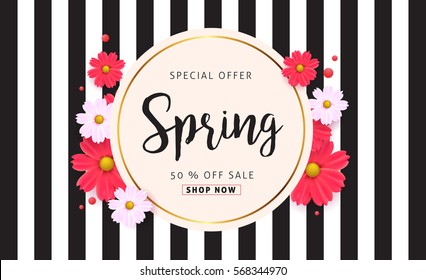 Spring sale background with beautiful colorful flower. Vector illustration template.banners.Wallpaper.flyers, invitation, posters, brochure, voucher discount.