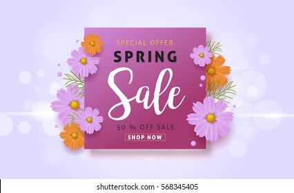 Spring sale background with beautiful colorful flower. Vector illustration template.banners.Wallpaper.flyers, invitation, posters, brochure, voucher discount.