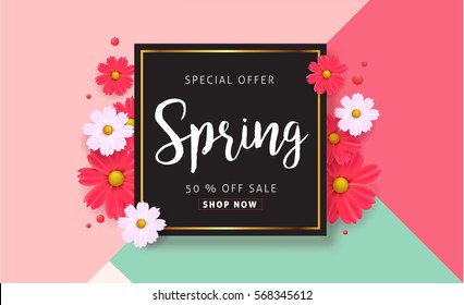 Spring sale background with beautiful colorful flower. Vector illustration template.banners.Wallpaper.flyers, invitation, posters, brochure, voucher discount.