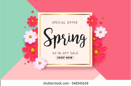 Spring sale background with beautiful colorful flower. Vector illustration template.banners.Wallpaper.flyers, invitation, posters, brochure, voucher discount.