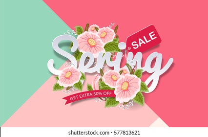 Spring sale background with beautiful colorful flower. Vector illustration.