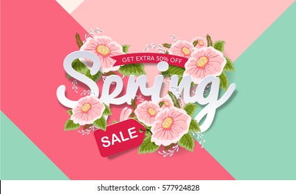 Spring sale background with beautiful colorful flower. Vector illustration.