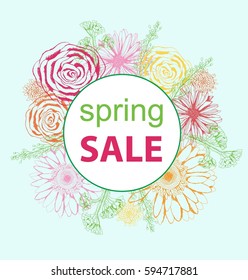 Spring sale background with beautiful colorful flower. Vector illustration template, banners, invitation, posters, brochure, voucher discount.