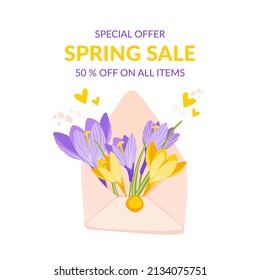 Spring sale background with beautiful crocus flowers in postal envelope. Hand drawn vector illustration template design for poster, postcard, banner, flyers, invitation