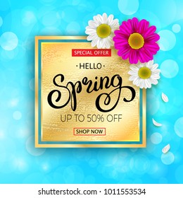 Spring sale background with beautiful daisy flower. Vector illustration template, banners. Wallpaper, flyers, invitation, posters, brochure, voucher discount