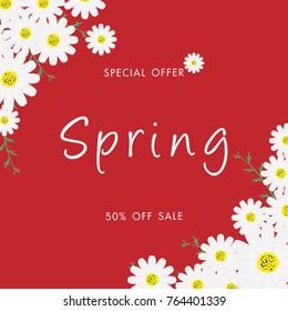 Spring sale background with beautiful daisy flower, vector illustration template, banners, Wallpaper, invitation, posters, brochure, voucher discount.
