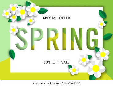 Spring sale background with beautiful flower, vector illustration template