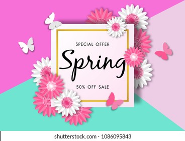 Spring sale background with beautiful flower, vector illustration template