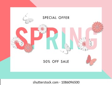 Spring sale background with beautiful flower, vector illustration template