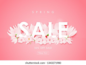 Spring sale background with beautiful flower , vector illustration template, banners, Wallpaper, invitation, posters, brochure, voucher discount.