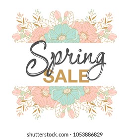 Spring sale background with beautiful flowers. Vector illustration. Frame with colors and words.