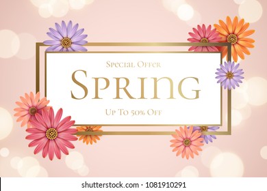 Spring sale background with beautiful flowers. Colorful daisy background.