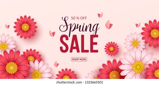 Spring sale background with beautiful flowers. Vector illustration