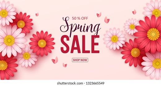 Spring sale background with beautiful flowers. Vector illustration