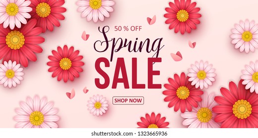 Spring sale background with beautiful flowers. Vector illustration