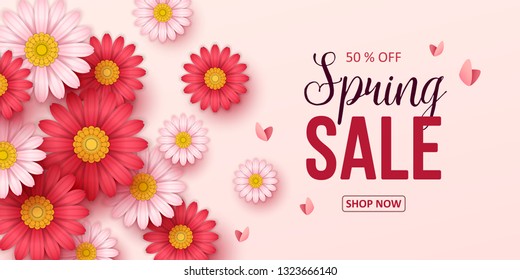 Spring sale background with beautiful flowers. Vector illustration