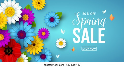 Spring sale background with beautiful flowers. Vector illustration