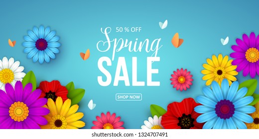 Spring sale background with beautiful flowers. Vector illustration