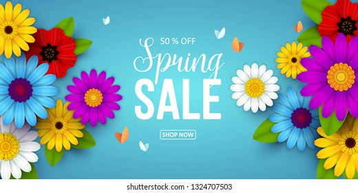 Spring Sale Background With Beautiful Flowers. Vector Illustration