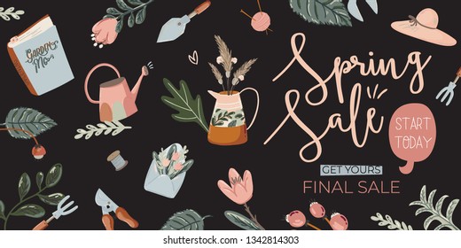	
Spring sale background with beautiful flowers and romantic lettering. Good template for web, card, poster, sticker, banner, invitation, wedding. Vector illustration