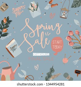 	
Spring sale background with beautiful flowers and romantic lettering. Good template for web, card, poster, sticker, banner, invitation, wedding. Vector illustration