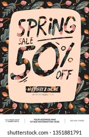 Spring sale background with beautiful flowers and romantic lettering. Good template for web, card, poster, sticker, banner, invitation, wedding. Vector illustration