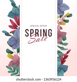 Spring sale background with beautiful flowers. Vector illustration