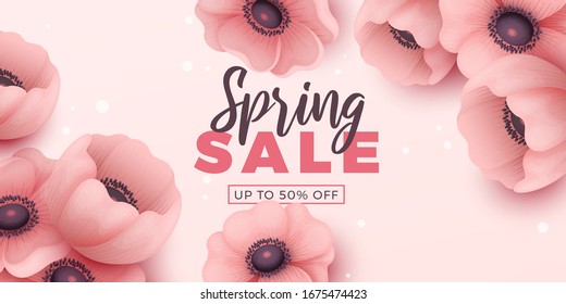Spring sale background with beautiful flowers. Vector illustration