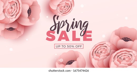 Spring sale background with beautiful flowers. Vector illustration