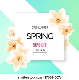 Spring sale background with beautiful flowers. Vector illustration template. Banners. Flyers. Invitation. Poster. Brochure. Voucher discount.