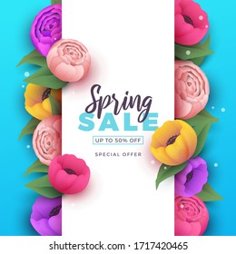 Spring sale background with beautiful flowers. Vector illustration