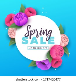 Spring sale background with beautiful flowers. Vector illustration