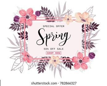 Spring sale background with beautiful pink and fucshia flowers, vector illustration template for banners, wallpaper, flyers, invitation, posters, brochure, voucher discount.