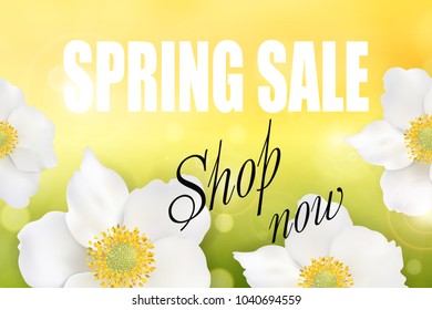 Spring sale background with beautiful white flowers. Seasonal discount. Design Template for banner, flyers, invitation, poster, brochure, voucher discount. Vector illustration.