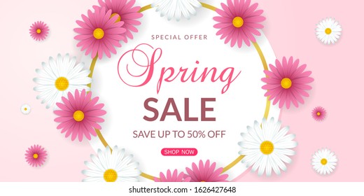 Spring sale background with beautiful white and pink flowers