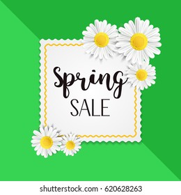 Spring sale background with beautiful white chamomile flowers. Vector illustration template for banner, wallpaper, flyer, invitation, posters, brochure, voucher discount.