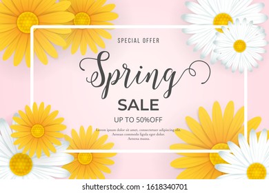 Spring sale background with beautiful yellow and white flowers