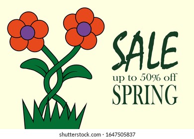 Spring sale background with blooming flowers. Banner template for promotions, advertising. Flat vector illustration.