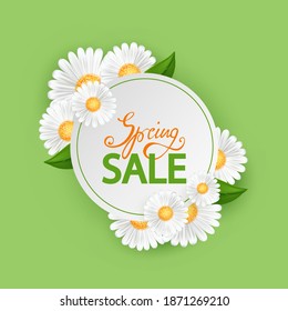 Spring sale background with chamomile flowers, template for flyer, banner, poster.