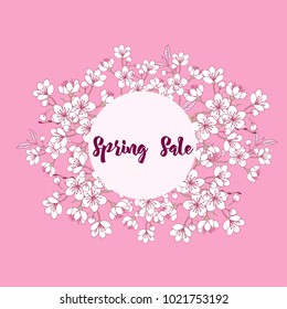 Spring sale background with cherry blossoms. Hand drawn sakura flowers. Vector illustration