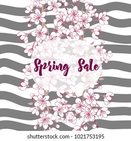 Spring sale background with cherry blossoms. Hand drawn sakura flowers. Vector illustration