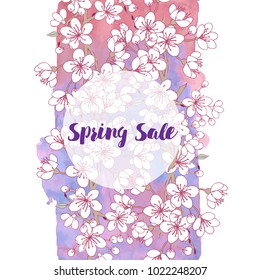 Spring sale background with cherry blossoms. Hand drawn sakura flowers. Vector illustration