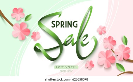 Spring sale background with cherry blossoms. Season discount banner in trendy paper cut style. Poster design template for print or web.