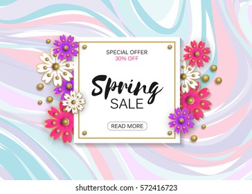 Spring sale background with colorful flower. Vector illustration template, banners. Trendy colors. Wallpaper. flyers, invitation, posters, brochure, voucher discount.