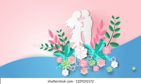 Spring sale background with Couples stand paper flower,Spring and valentine concept,Paper art  style.